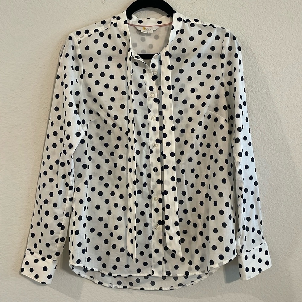 Boden Women’s Button Shirt Size 4 White & Blue Polka Dot Cotton Bow Neckline